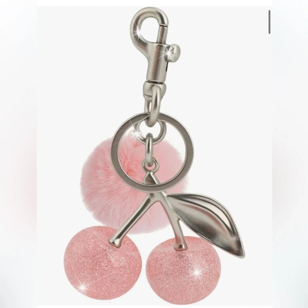 Pink sparkle cherries with pink poof ball purse charm bag charm